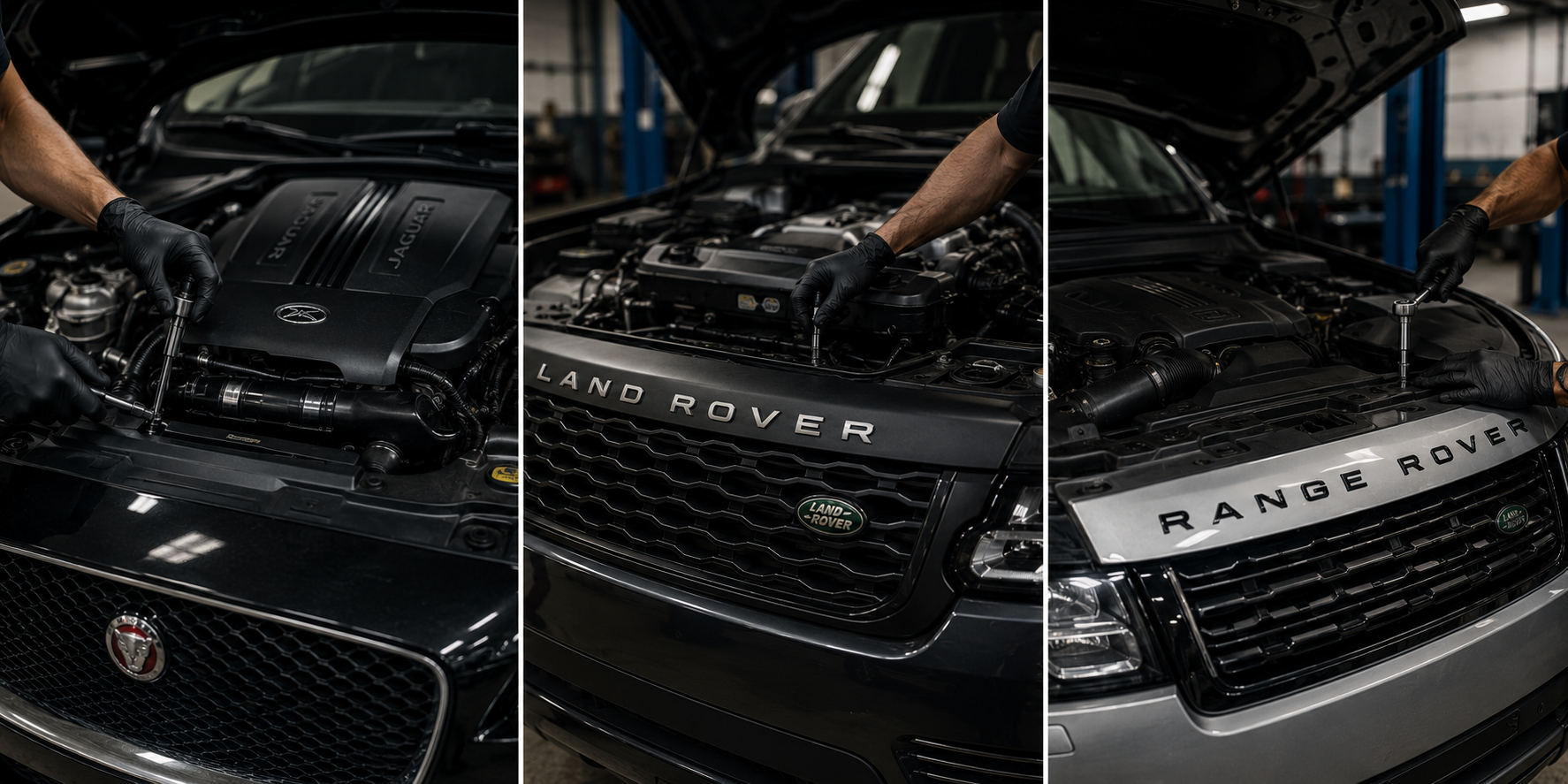 Sequence of three images showing a mechanic in black gloves working on the engines of luxury SUVs: a Jaguar, a Land Rover, and a Range Rover, in a professional auto repair shop.
