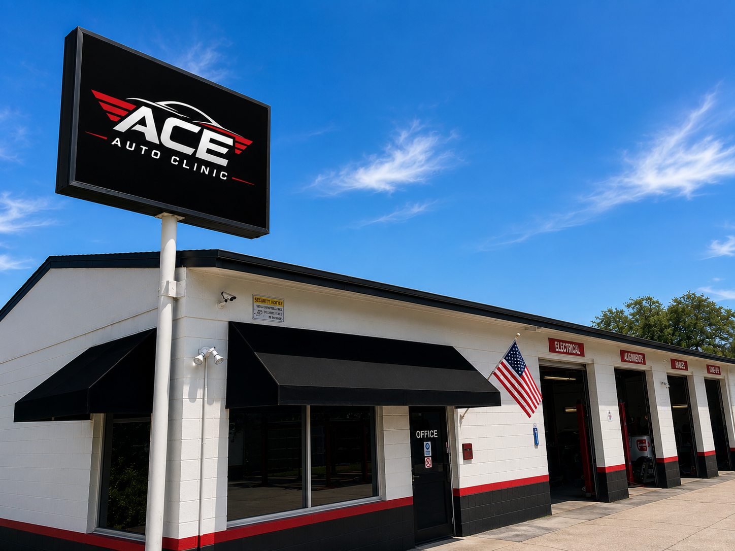 Exterior of ACE Auto Clinic building with a large black sign displaying red and white logo, blue sky with wispy clouds, American flag, and garage doors labeled electrical, alignments, brakes, and oil.