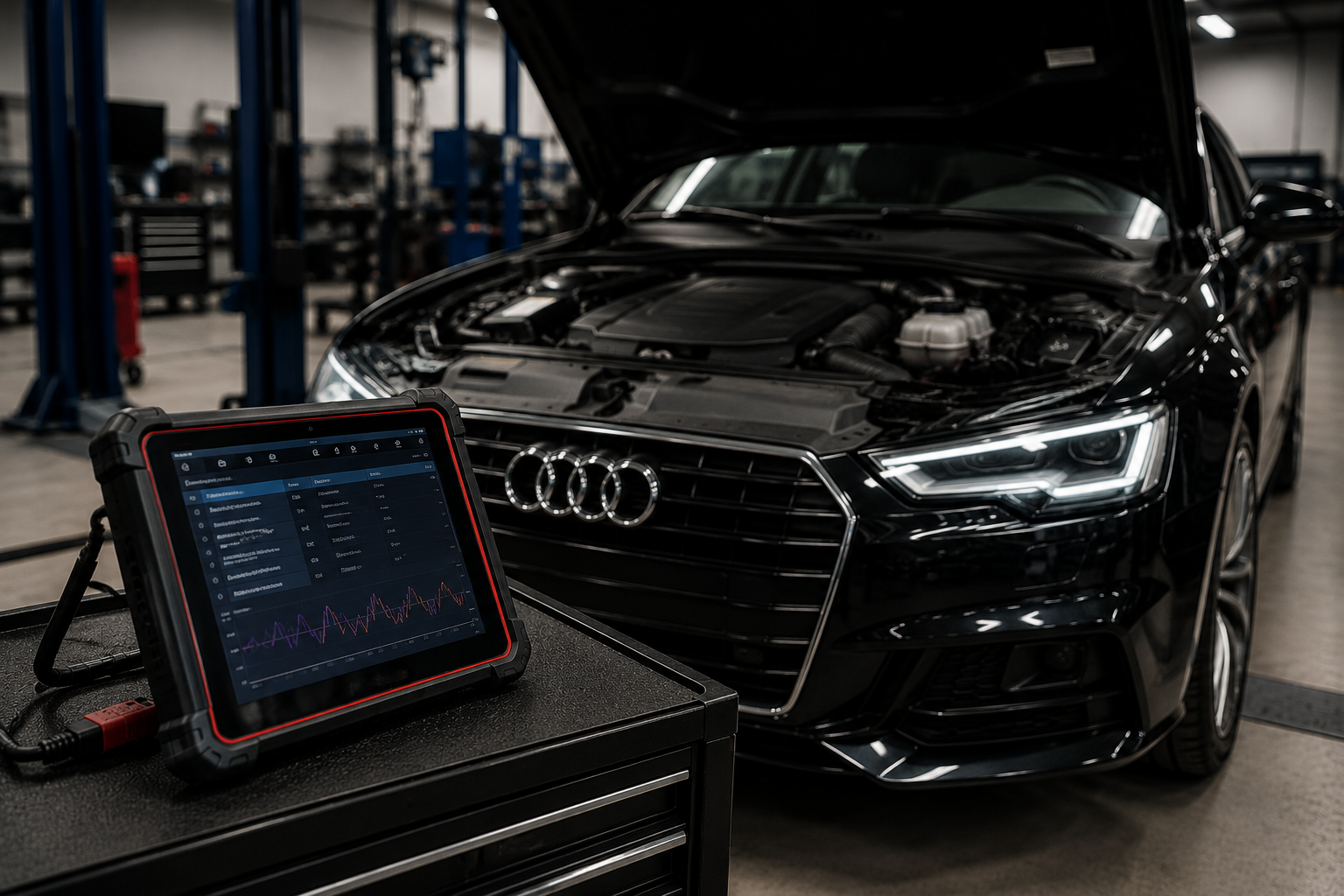 A black Audi car with its hood open on a lift in an automotive workshop. In the foreground, a diagnostic tablet is connected to the car, displaying data and graphs.