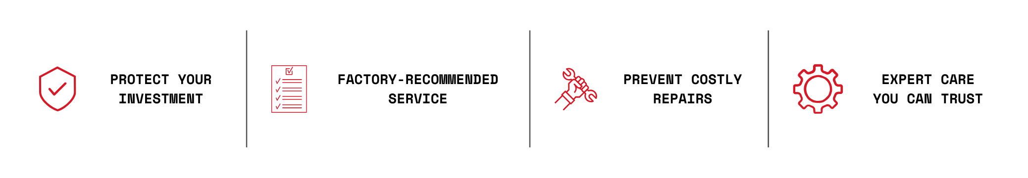 A horizontal infographic with four sections, each featuring a red icon and black text. The sections read: "Protect Your Investment" with a shield icon, "Factory-Recommended Service" with a checklist icon, "Prevent Costly Repairs" with a wrench icon, and "Expert Care You Can Trust" with a gear icon.