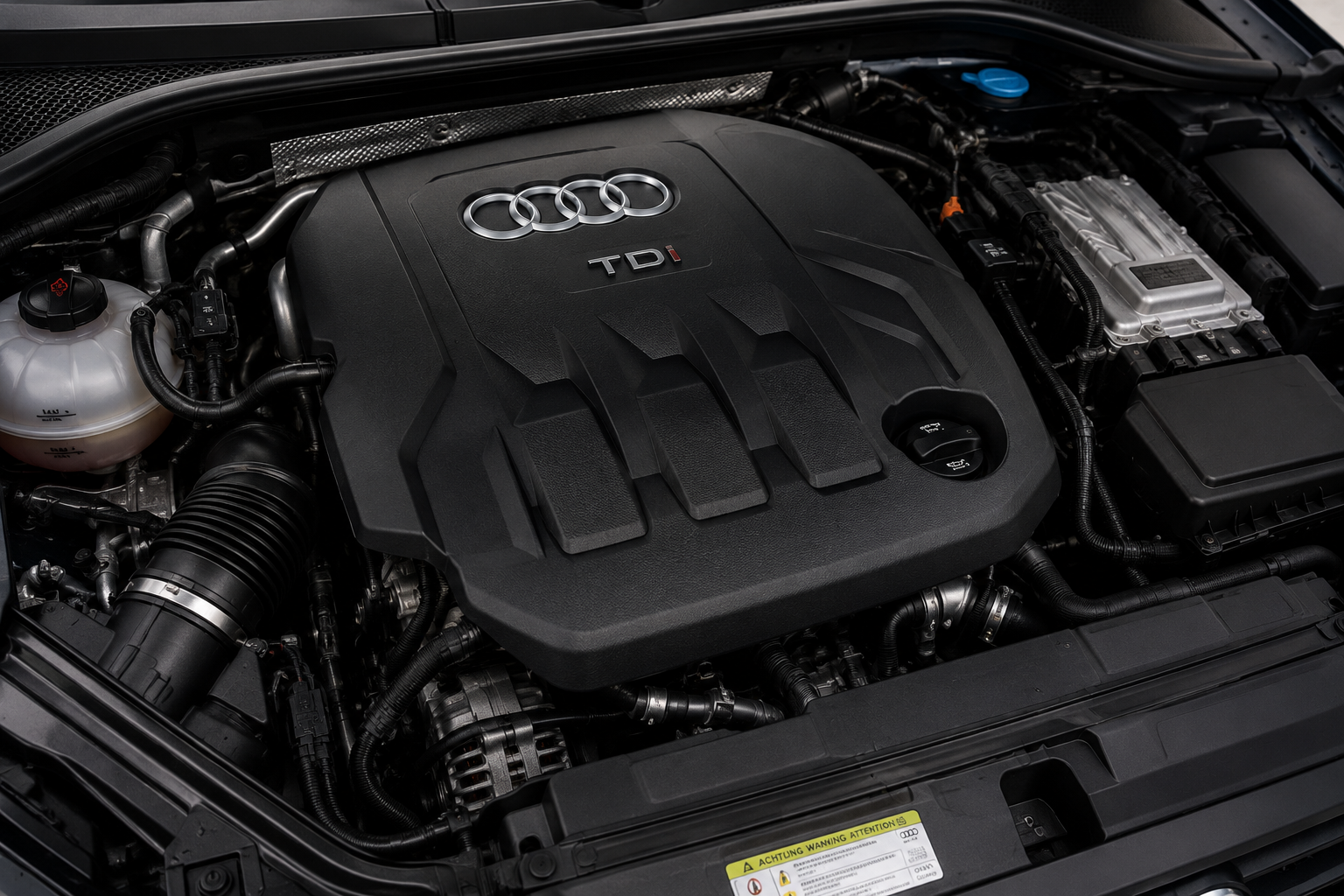 An audi TDI engine with fan, wires, and cables under the hood.