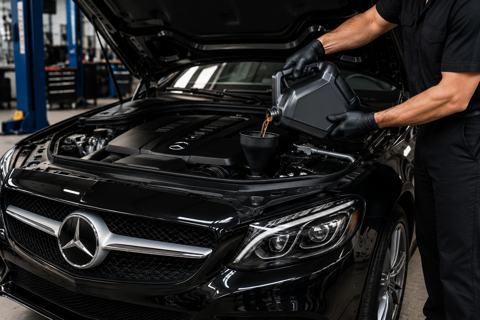 A mechanic pouring engine oil into a black Mercedes-Benz car engine in an automotive workshop.