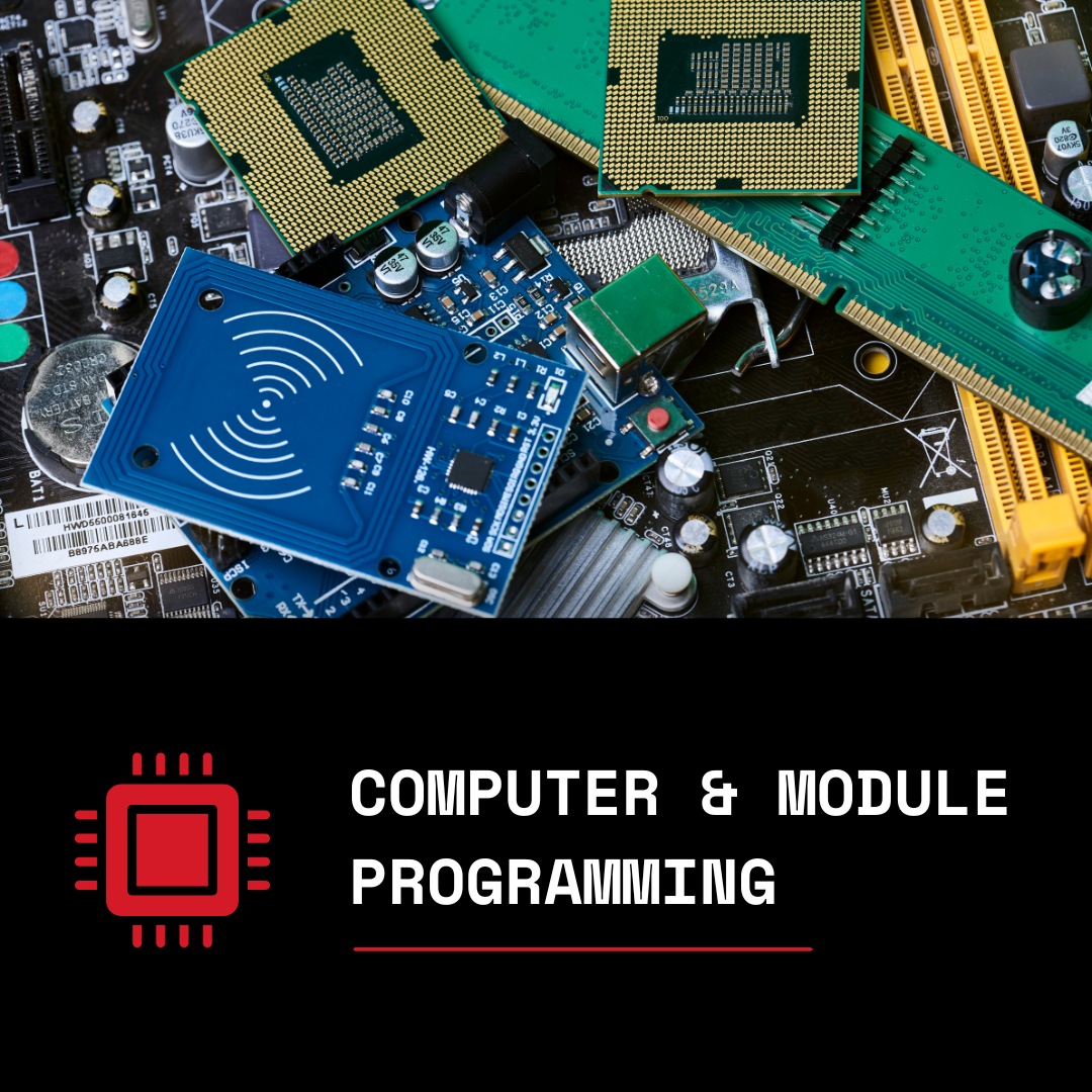 A close-up of a computer motherboard with various hardware components, including RAM sticks, a blue RFID module, and microprocessors.