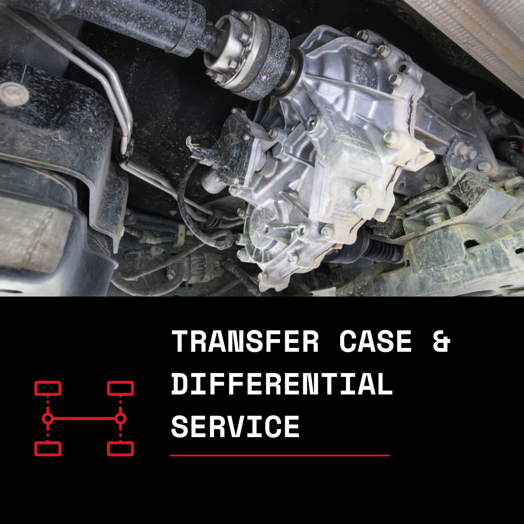 Under the vehicle, a transfer case and differential service with visible mechanical parts, gears, and components.