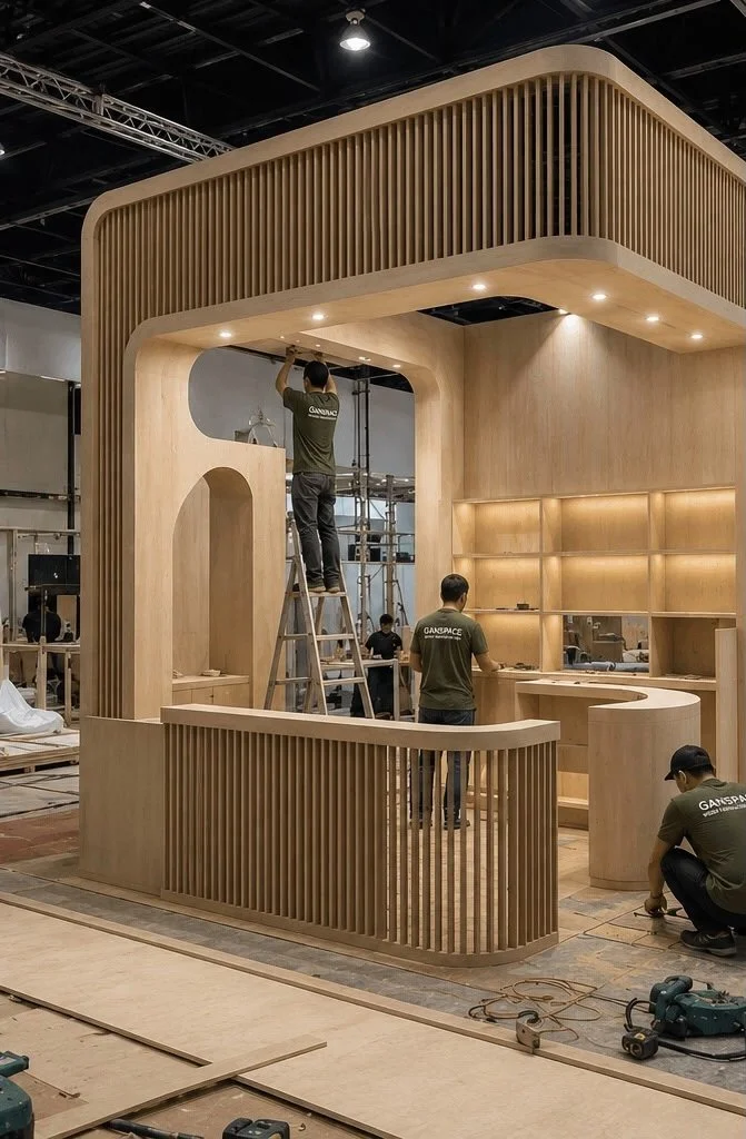 Workers assembling a modern wooden booth with curved and slatted design in an exhibition hall.