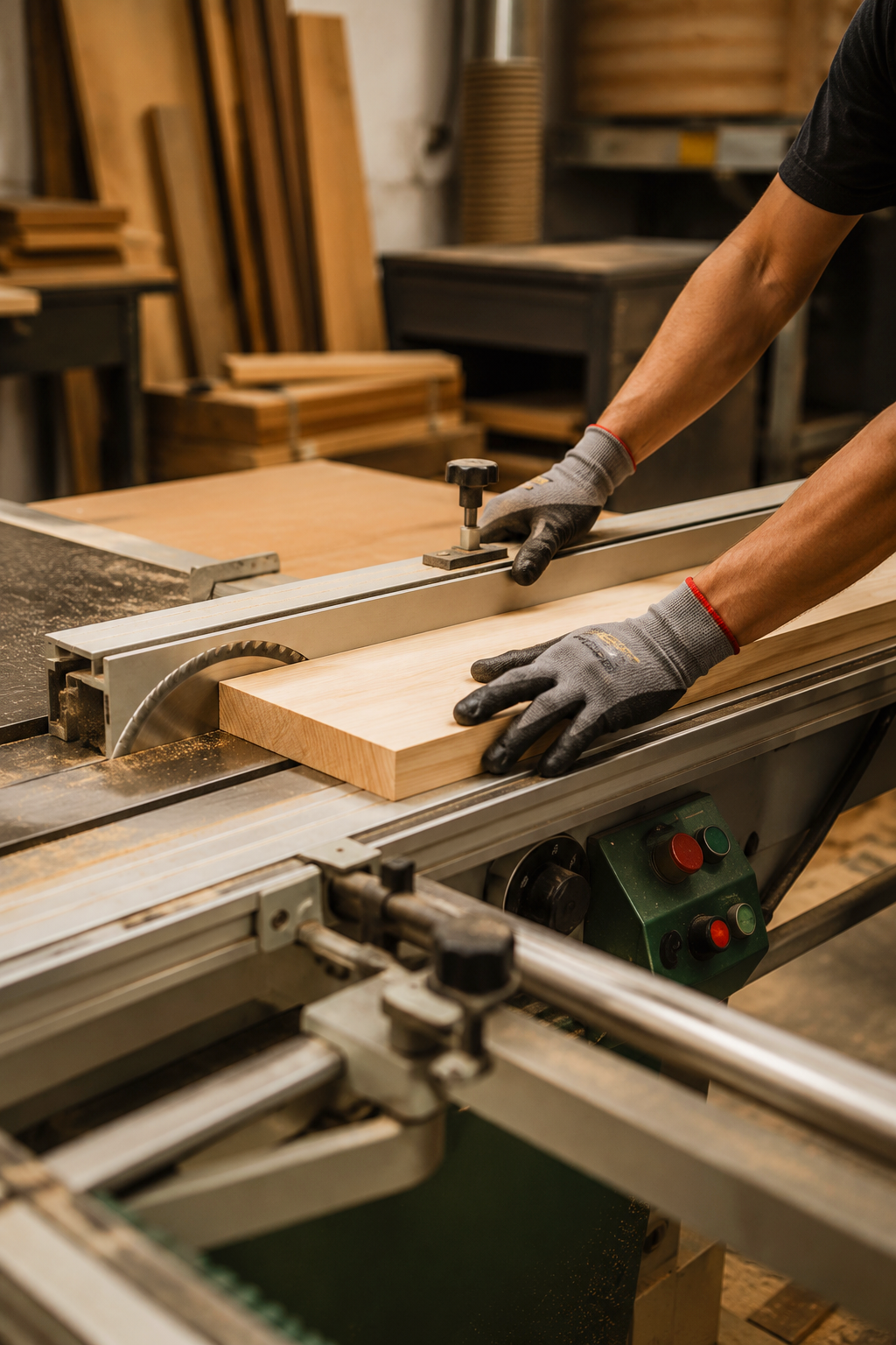 A person uses a sliding table saw to cut a piece of wood in a woodworking shop.