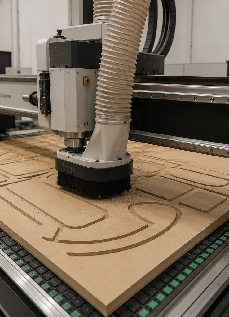 A CNC machine carving a smiley face design into a piece of wood.