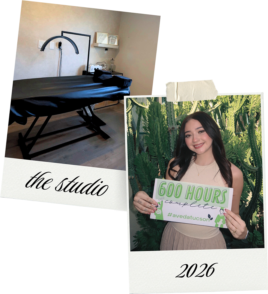 Esthetician office with a brow table. Brow artist holding up graduation sign after esthetician school.