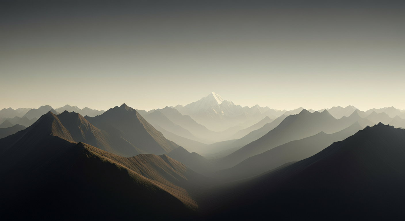 여러 겹의 산들이 멀리 펼쳐져 있으며, 구름과 안개가 산 정상 아래로 내려앉아 있음.