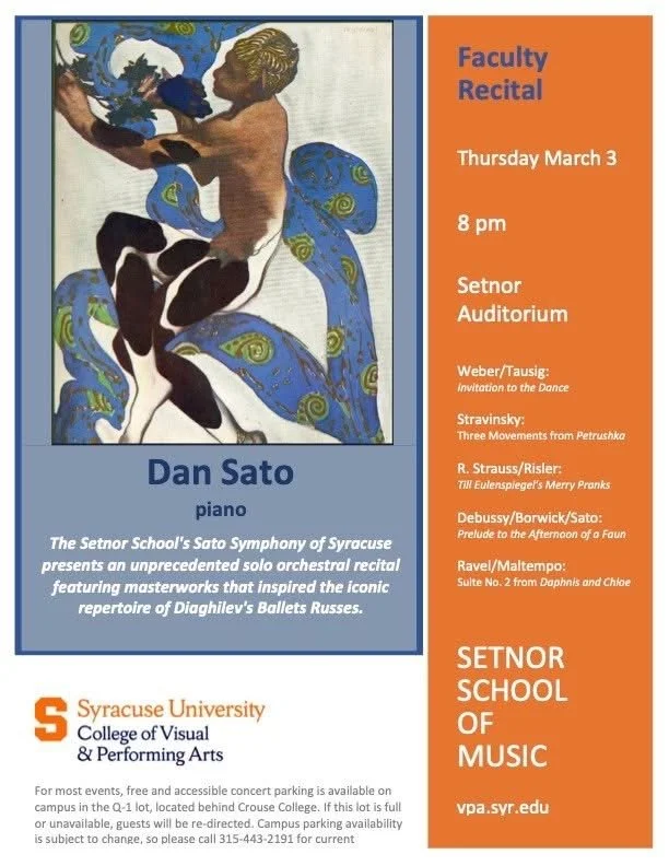 Flyer for a faculty recital at Setnor School of Music on Thursday, March 3 at 8 pm in the Setnor Auditorium, featuring pianist Dan Sato. The event includes solo orchestral recital pieces inspired by Balanchine's ballet Russet, with works by Weber, Strauss, Debussy, Ravel, and Maltempo.