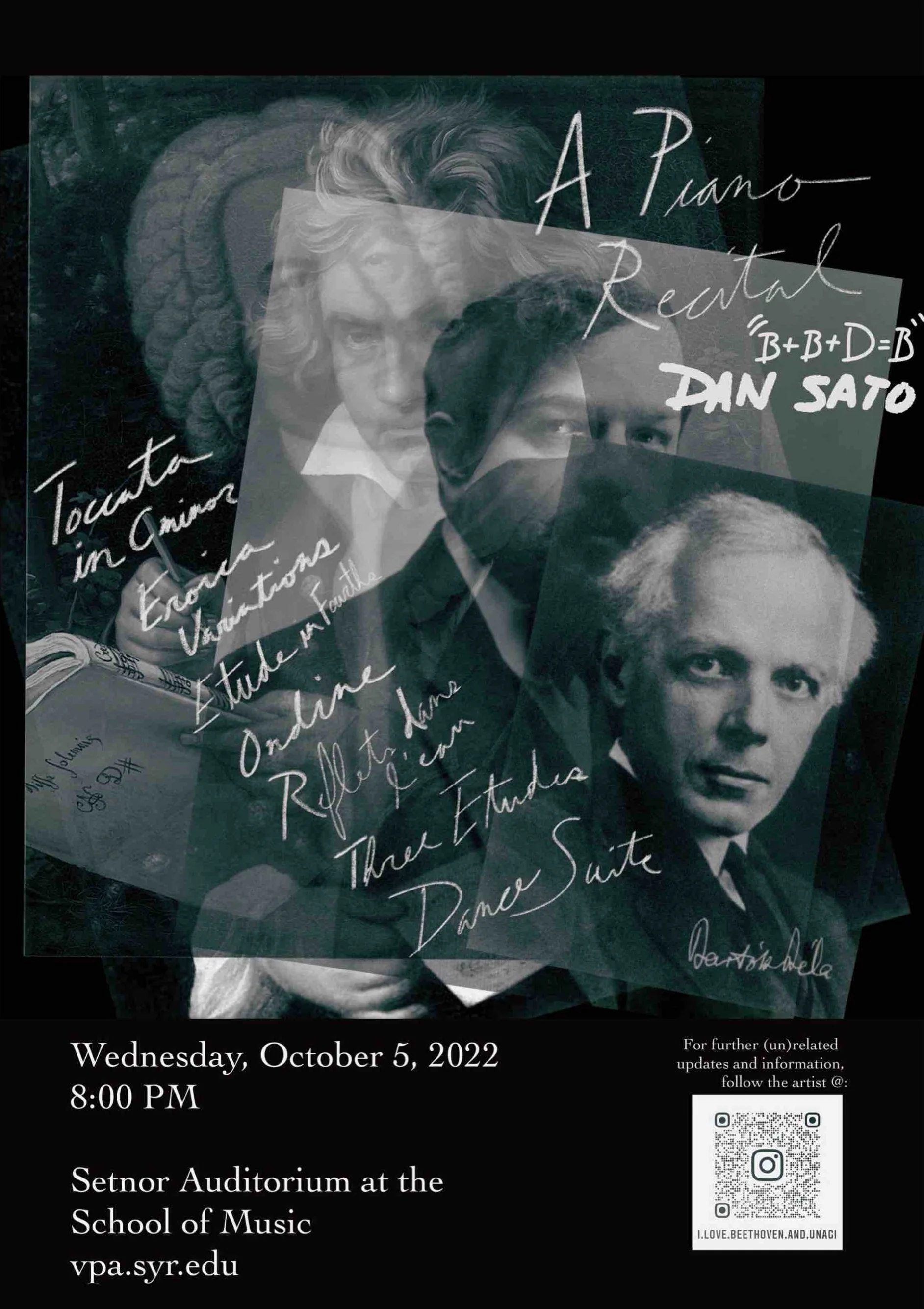 Event poster featuring black and white images of classical composer Beethoven and dancer Martha Graham, with handwritten musical notes and text. Details include date, time, location, and a QR code for more information.