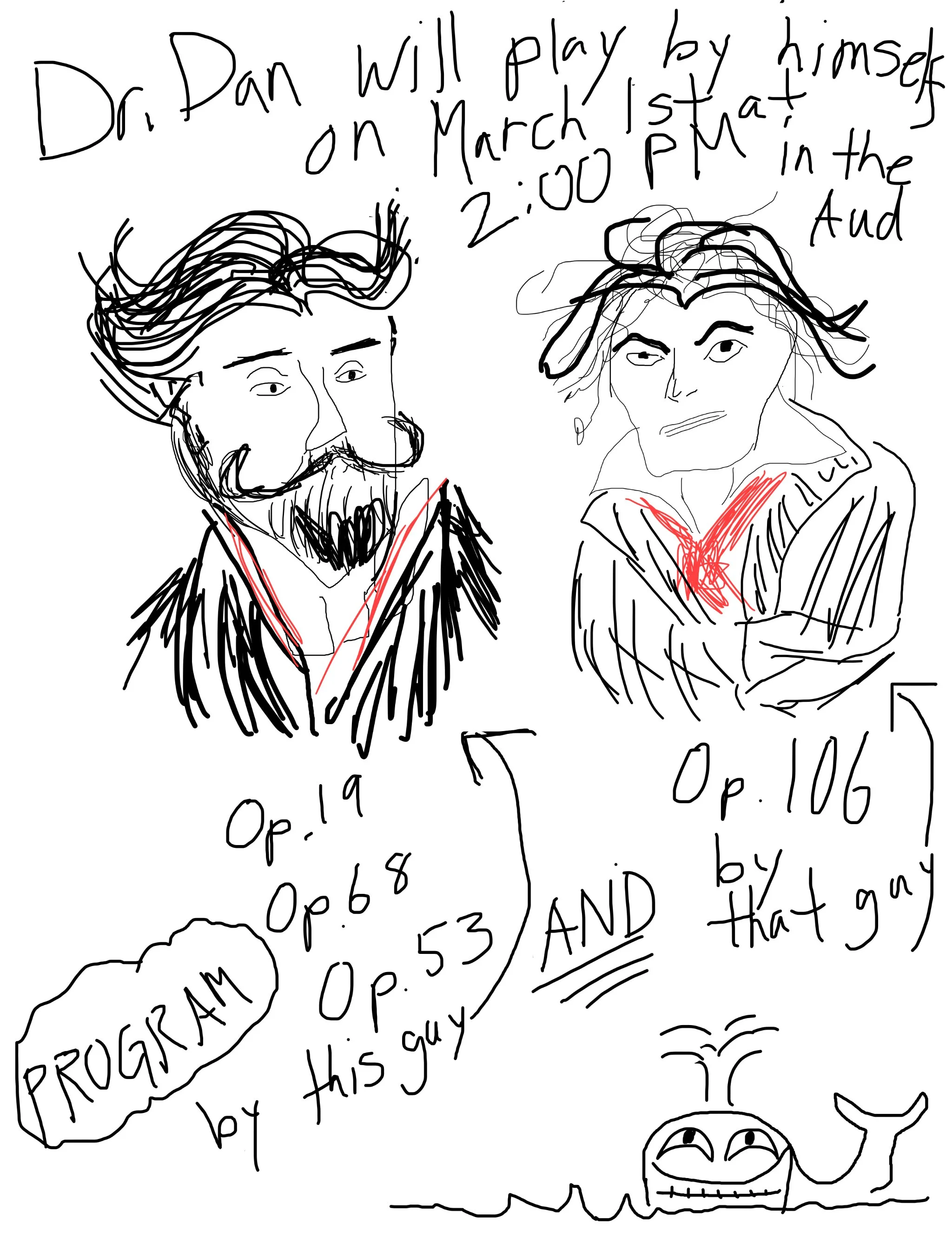 A hand-drawn sketch with two people, one with a curly hairstyle and a beard, and the other with long hair and makeup. There are handwritten notes mentioning a date, March 1st, 2:00 PM, and the word "PROGRAM" in a speech bubble, along with various emotional doodles and scribbles.