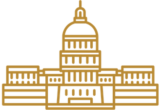Line drawing of a Capitol building with a dome, columns, and symmetrical wings.