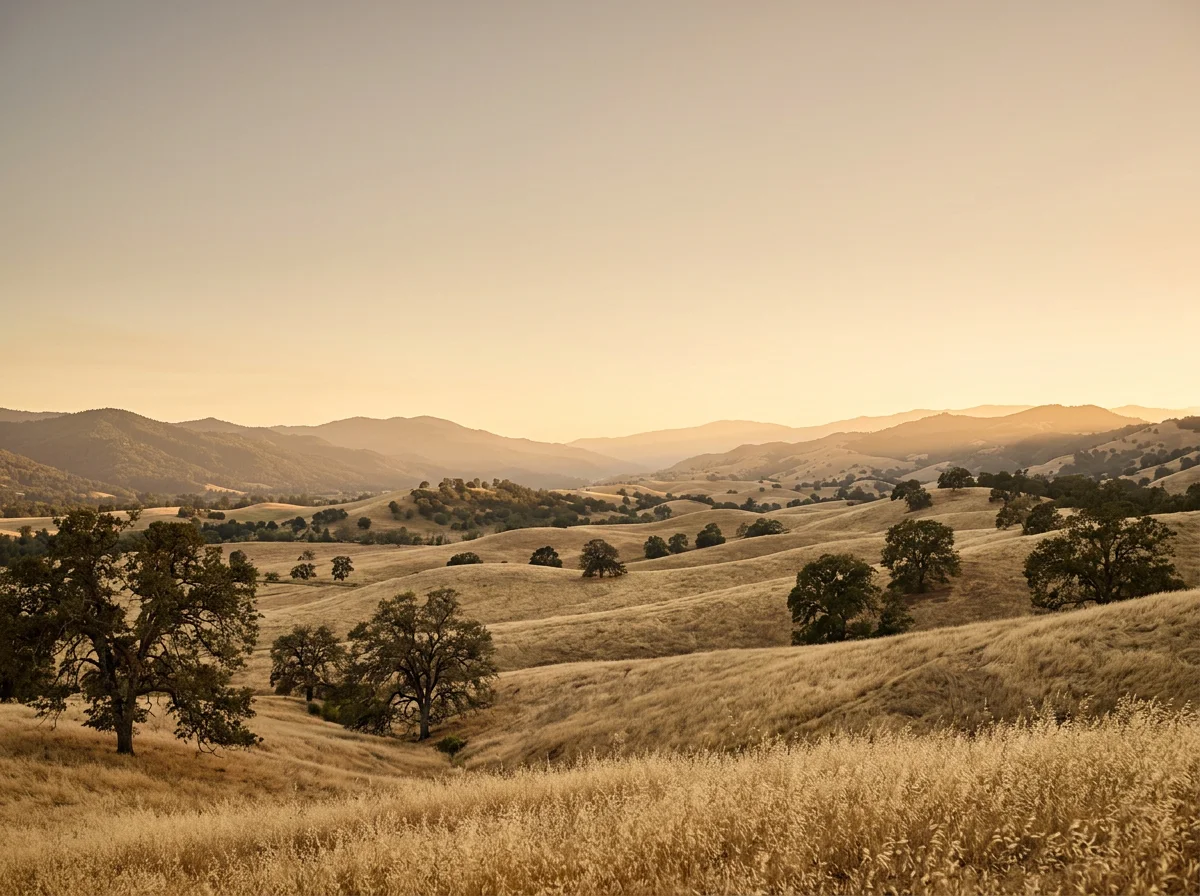 Golden rolling hills with scattered oak trees under a clear sky at sunset in Northern California.