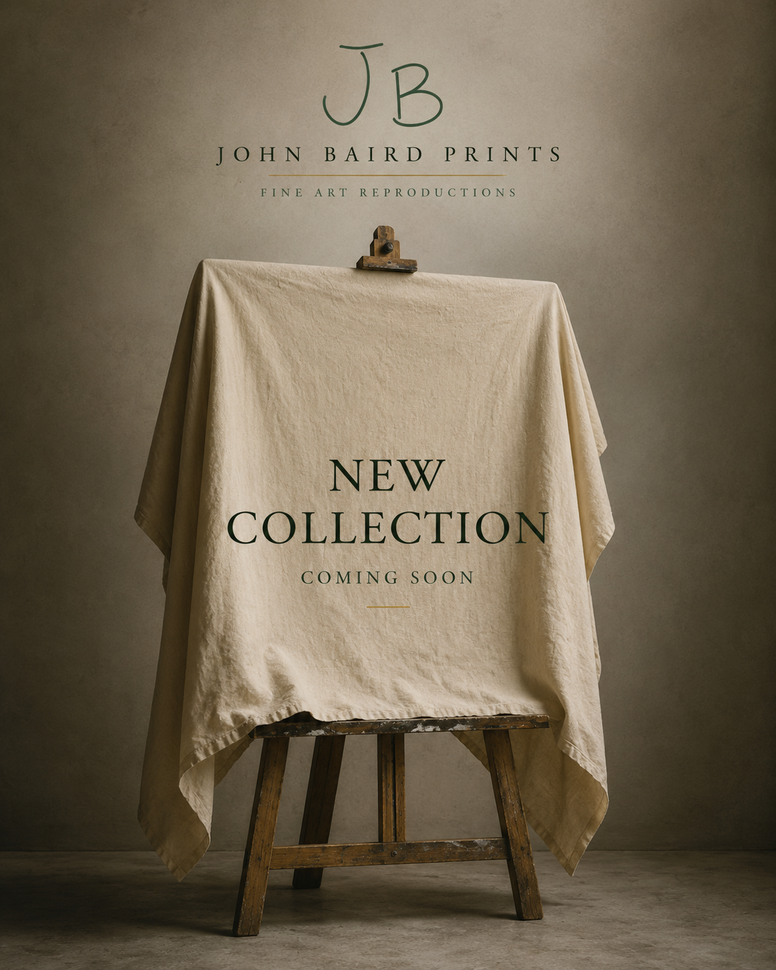 An easel covered with a beige cloth displays an announcement for a new art collection, with text indicating coming soon, against a plain wall background.