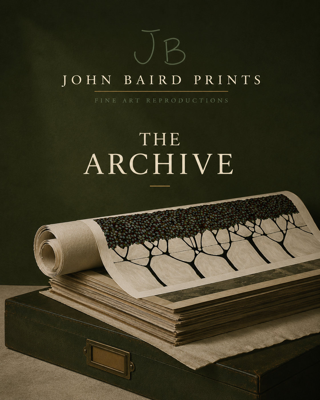 Cover of a book titled "The Archive" by John Baird Prints, featuring an image of a rolled-out art print of a tree with a patterned canopy on an open portfolio case.