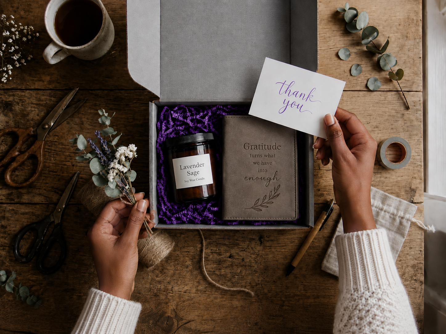 Gratitude Gift Box with Candle and Gratitude Journal and Woman Holding a Thank You Card