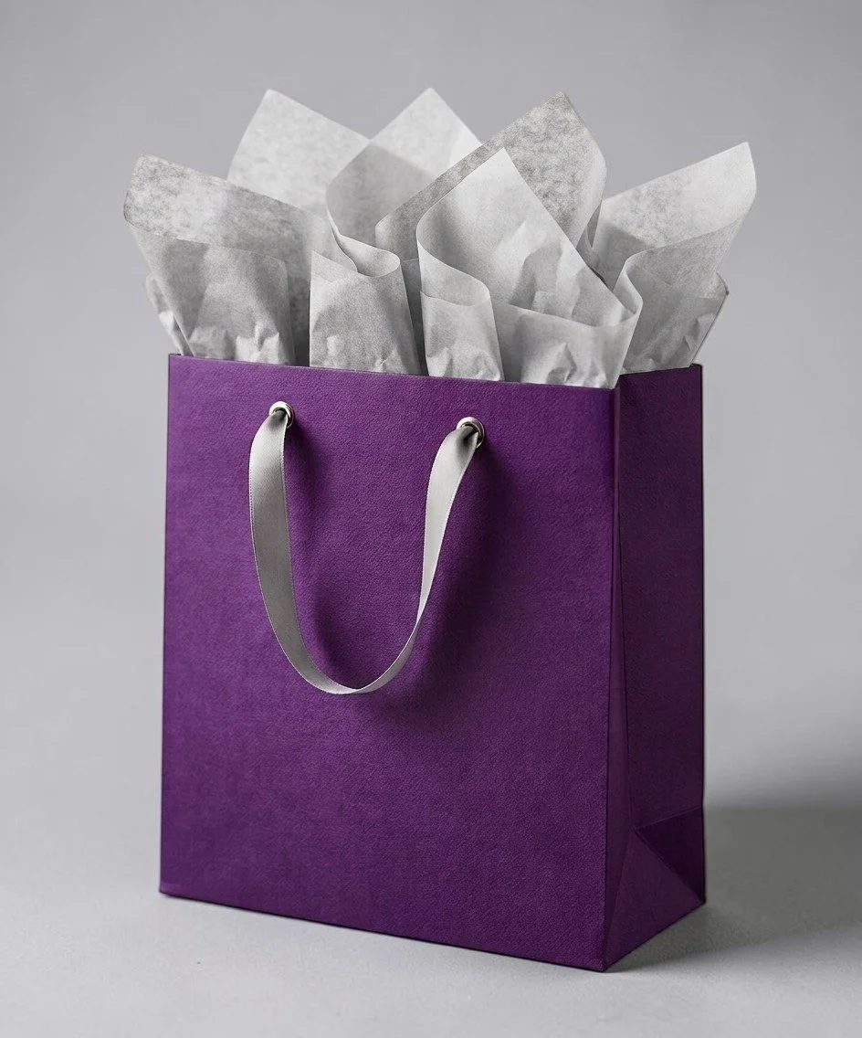 Purple Gift Bag with Grey Tissue Paper