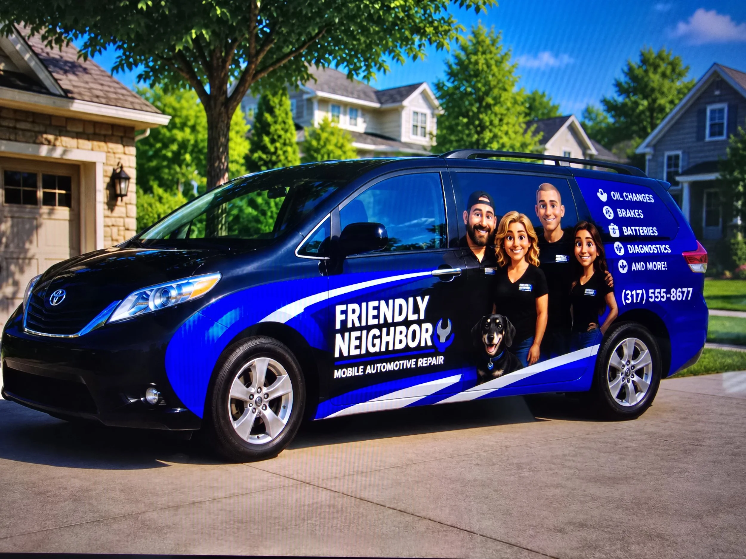 A black and blue car with graphics advertising a mobile automotive repair service, featuring images of three smiling people, a dog, and a list of services like oil changes, brakes, batteries, diagnostics, and more in a residential neighborhood with trees and houses.