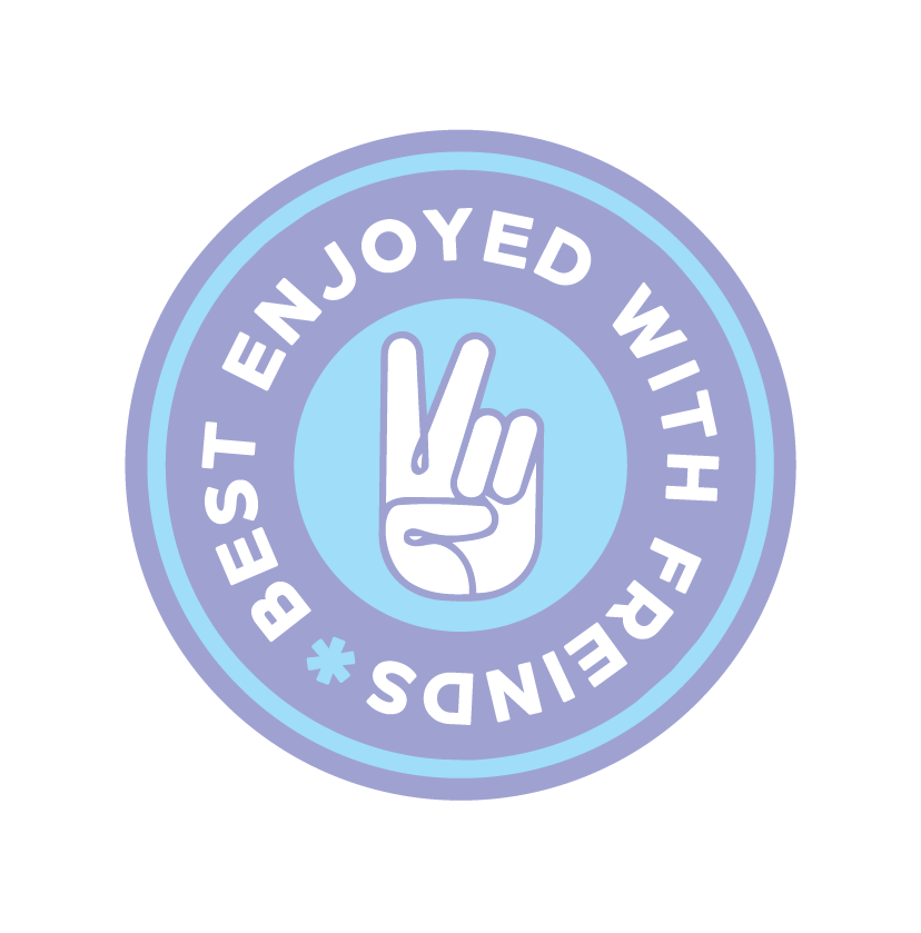 A circular badge with a peace sign in the center and the text "Best Enjoyed with Friends" around it.