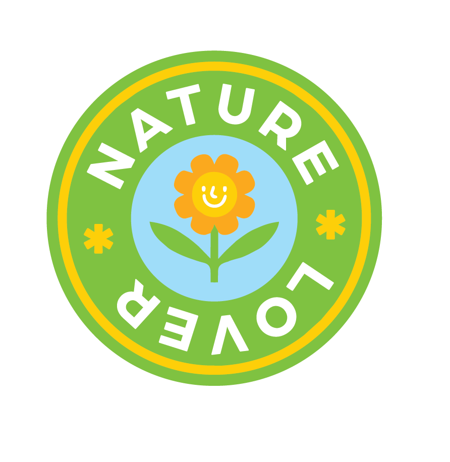 A circular logo with a green border, featuring the words 'NATURE' and 'LOVER' around a smiling sunflower with a face, set against a light blue background.