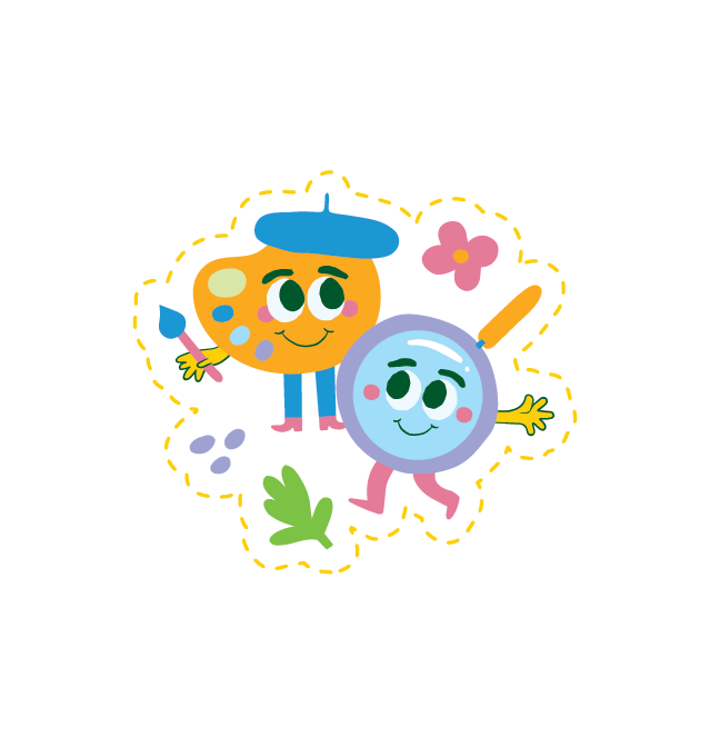 Cartoon illustration of a paint palette and a magnifying glass character with smiling faces, holding hands, set against a white flower with green leaves.