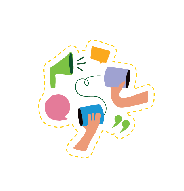 Illustration of five rolled-up communication devices: a green megaphone, pink speech bubble, yellow speech bubble, blue microphone, and gray microphone, connected with lines, all inside a hand shape.