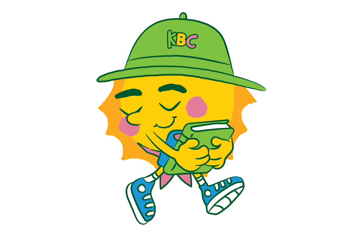 Cartoon character with a yellow face and orange hair wearing a green hat with the letters KBC, blue sneakers, and a blue shirt, holding and looking at a green smartphone.