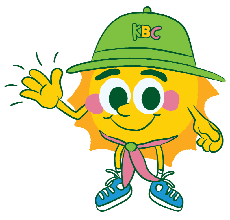 Cartoon sun character wearing a green cap with 'KBC' written on it, smiling, waving, and dressed in sneakers and a scarf.