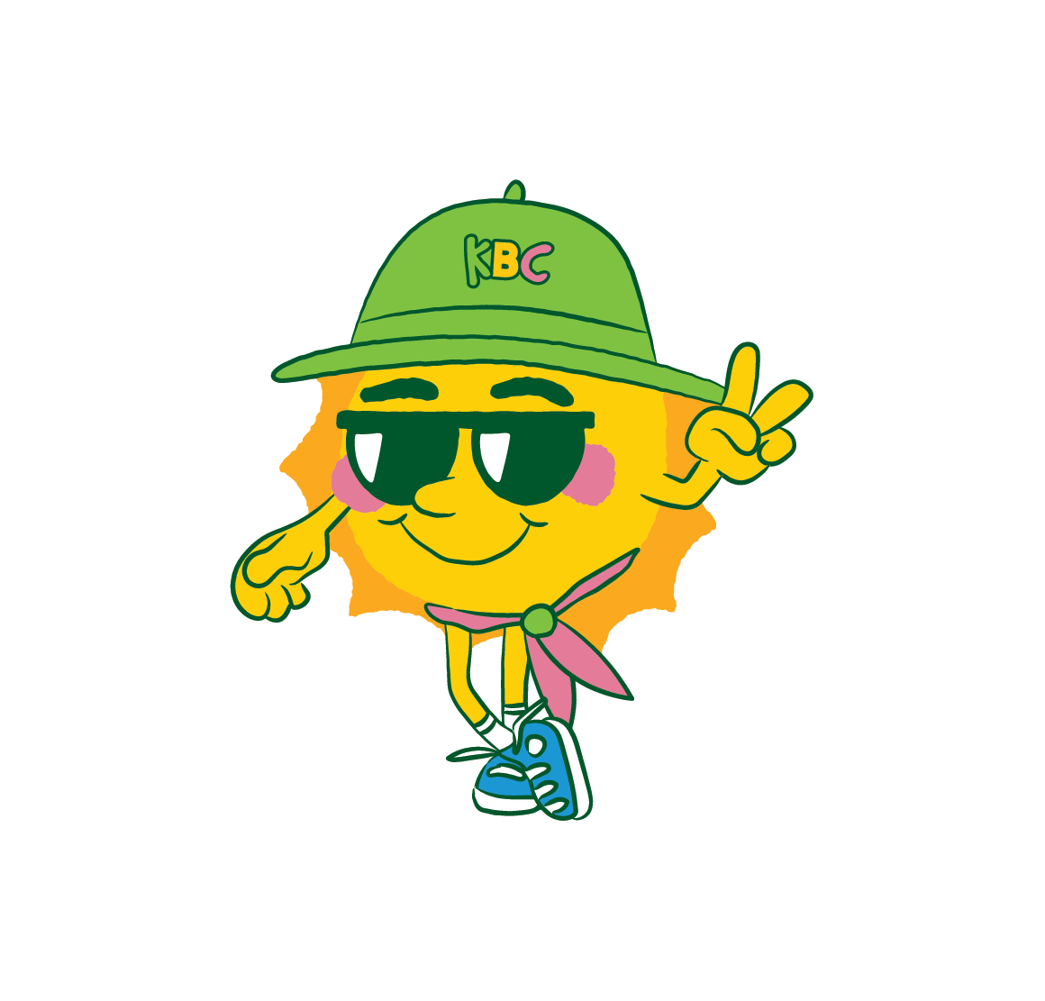 A cheerful cartoon sun wearing sunglasses, a green hat with 'KBC' written on it, a pink neckerchief, and blue sneakers, making a peace sign with one hand.