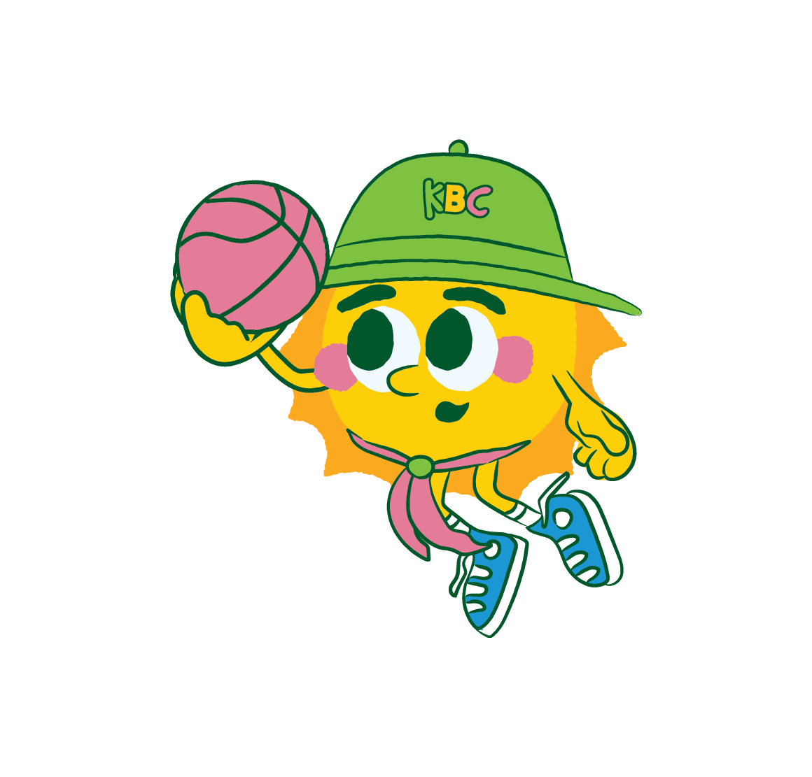 Cartoon character with yellow face and orange hair, wearing a green cap with 'KBC' on it, holding a pink basketball, dressed in sneakers and sports clothing.