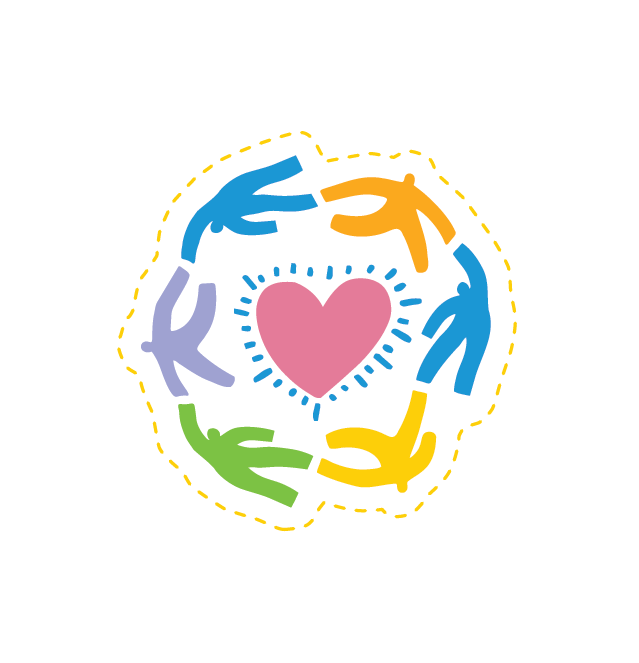 Colorful illustration of six hands holding each other around a pink heart, symbolizing unity and love.