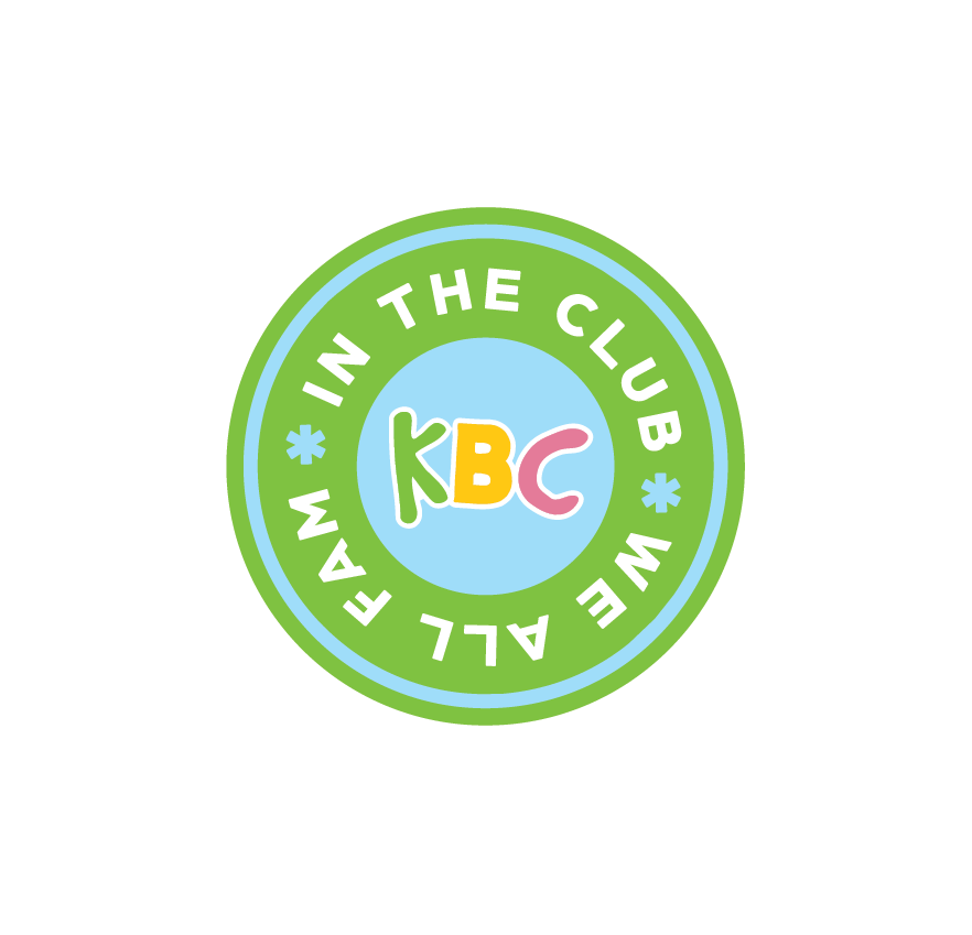 Circular logo with green, blue, yellow, pink, and white colors that reads 'IN THE CLUB WE ALL FAM' around the border, and has the letters 'KBC' in the center.