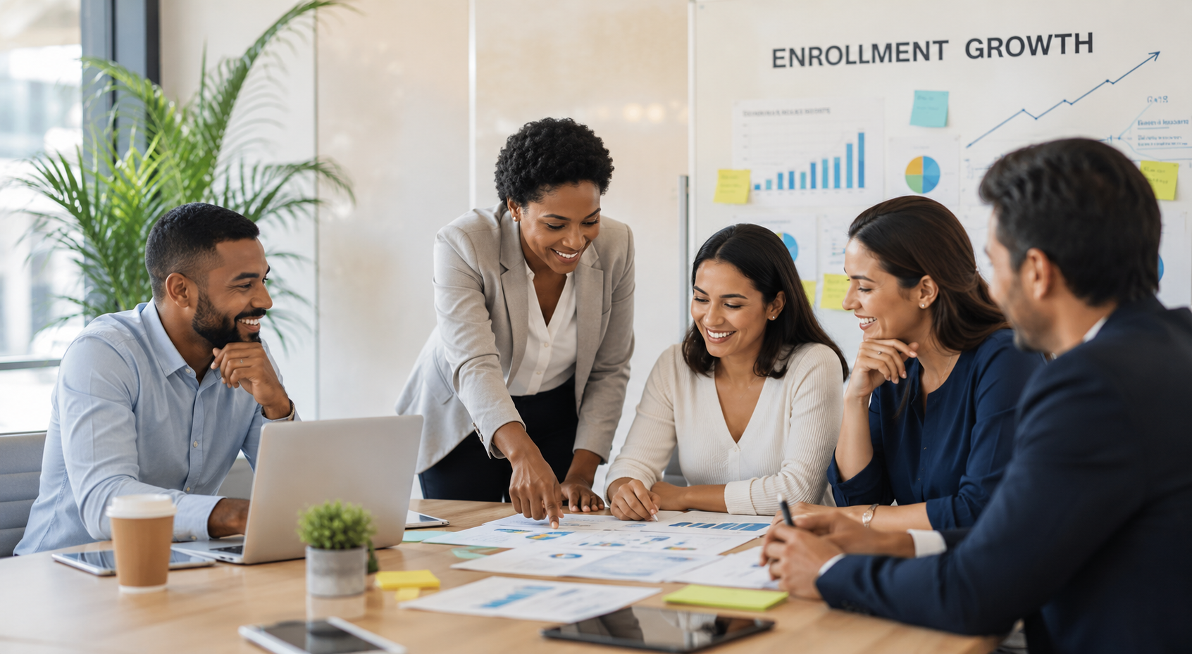 A diverse group of five business professionals, three women and two men, are gathered around a conference table in a modern office. They are discussing documents and charts related to enrollment growth, as seen on the whiteboard behind them displaying graphs and pie charts.