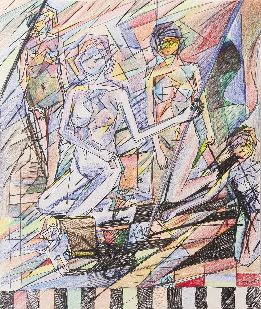 "Goddess Holding a Flag" (circa 2018). Medium: Colored pencil, colored pen, and pen on paper. Dimensions: 16.8 x 13.9 inches.
