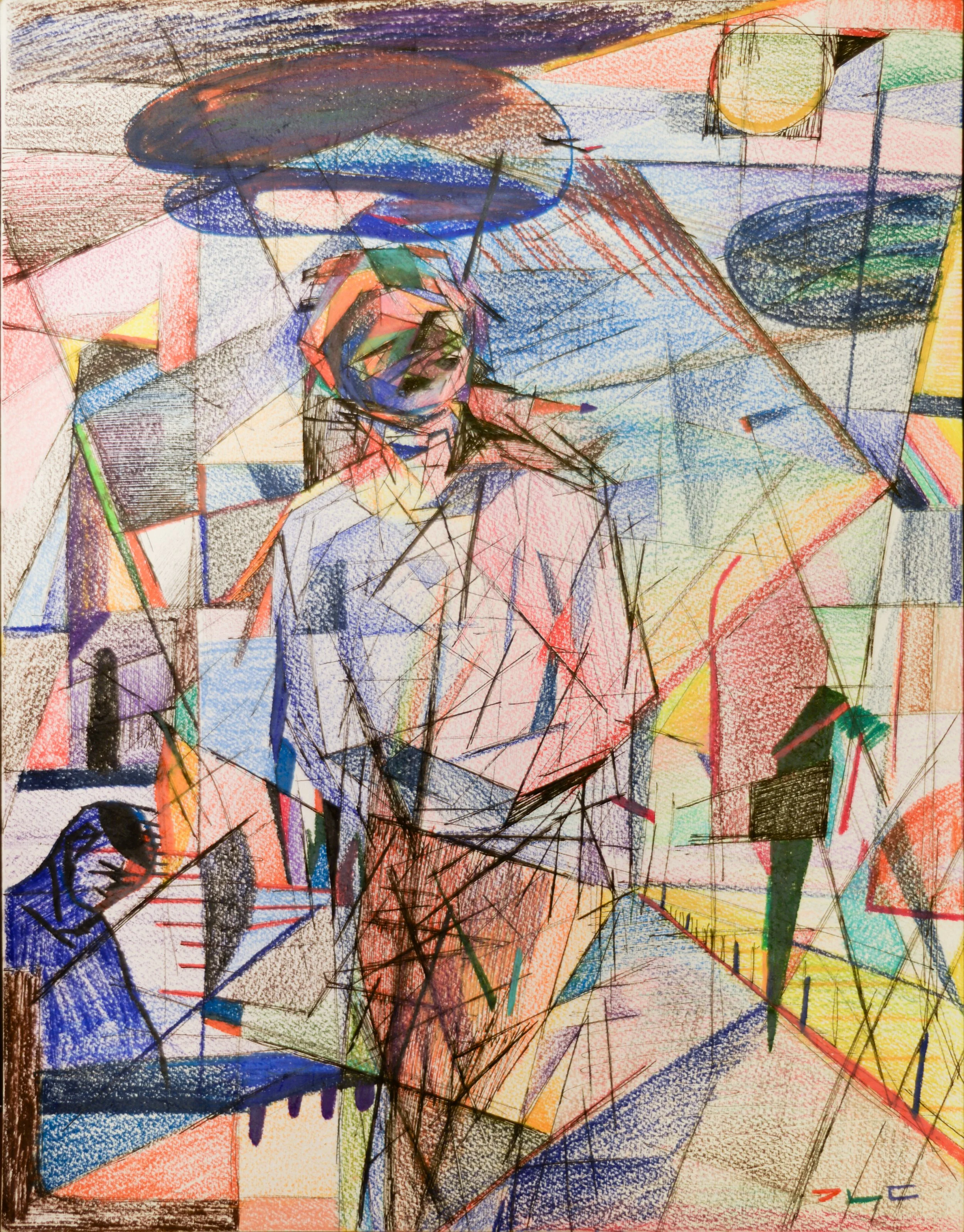 "Stewardess II" or "At the Airport" (2015). Medium: Pen, marker, and colored pencil on paper. Dimensions: (approximately) 12.5 x 16 inches.