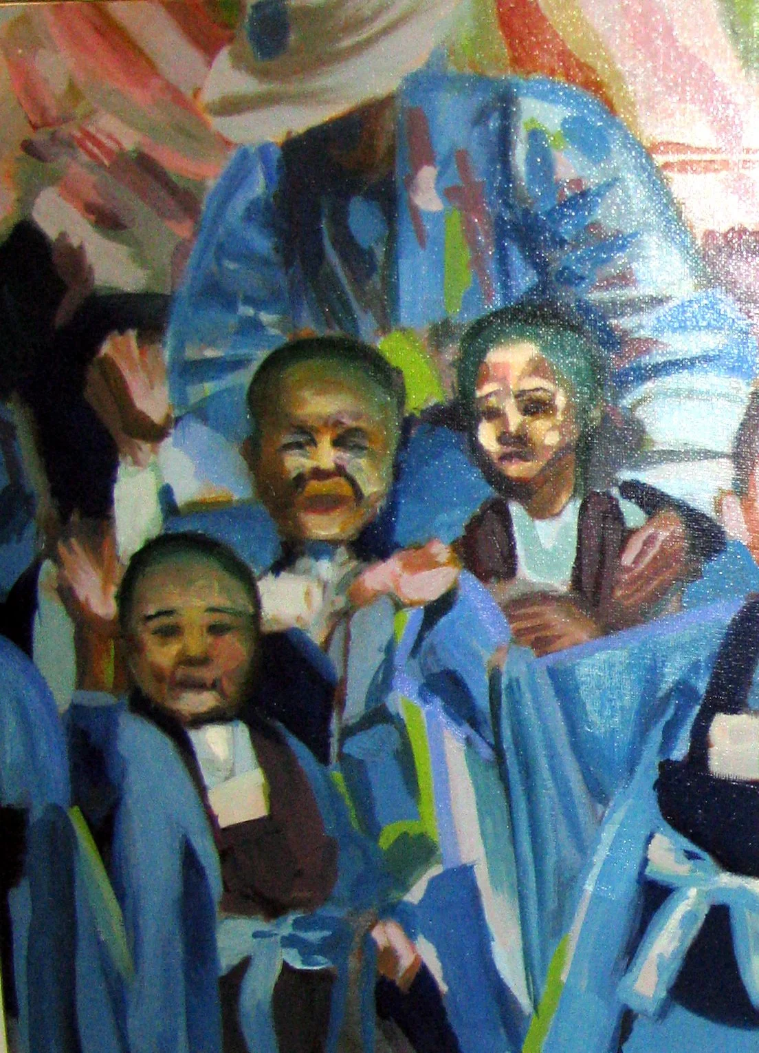 (Original Title Unknown) "Buddhist Monk Children" (circa 2006). Medium: Oil (paint) on canvas. Dimensions: (approximately) 12 x 16 inches.