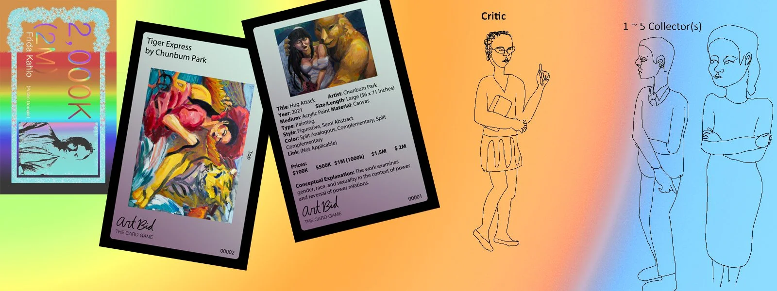 A colorful collage with a poster of a book titled '12 PM' by Frida Kahlo, two ArtBid cards with art descriptions and prices, and hand-drawn sketches of a critic and one to five collectors on a rainbow gradient background.