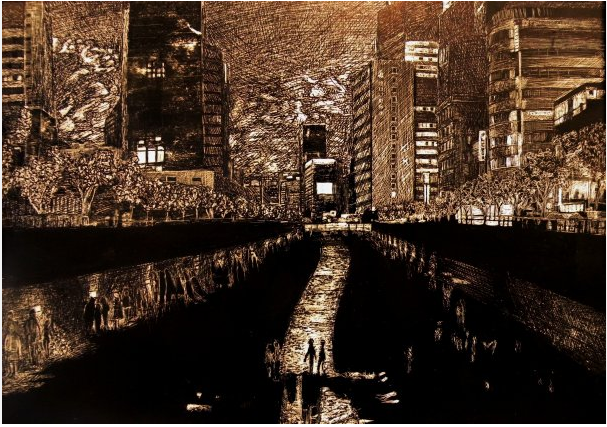 "Cheonggyeocheon" (2008). Medium: ink on scratchboard. Dimensions: (approximately) 8 x 12 inches.