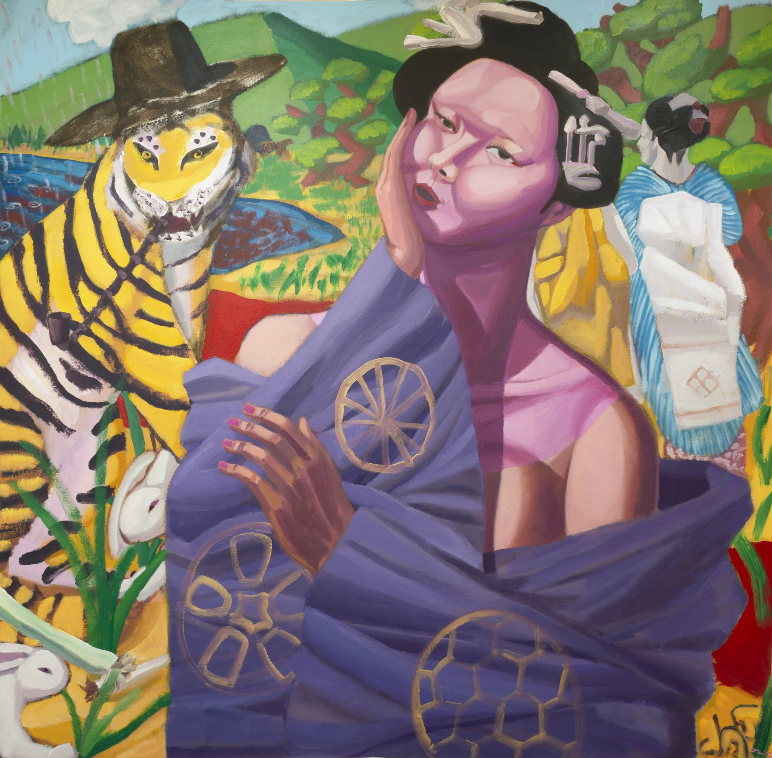 "Onnagata and Tiger" (2021). Medium: Acrylic (paint) on canvas. Dimensions: 75 x 75 inches.