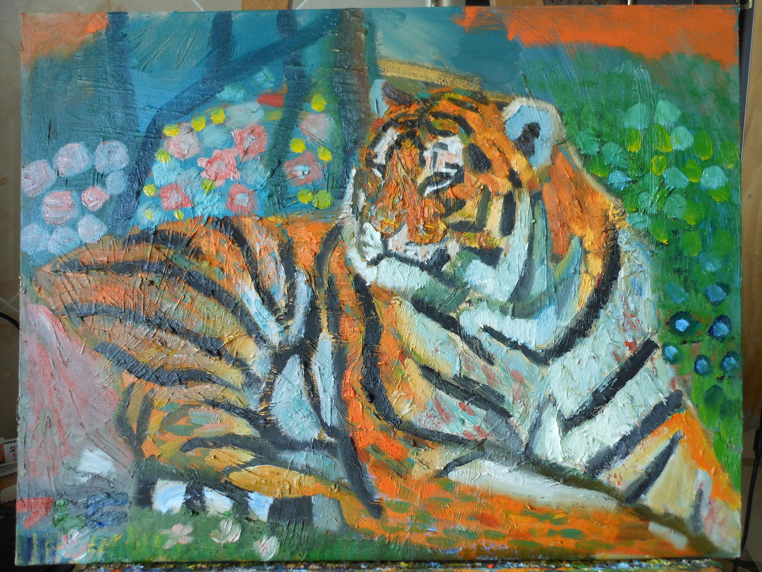 (Original Title Unknown) "Tiger" (circa 2013). Medium: Oil (paint) on canvas. Dimensions: (approximately) 24 x 20 inches.