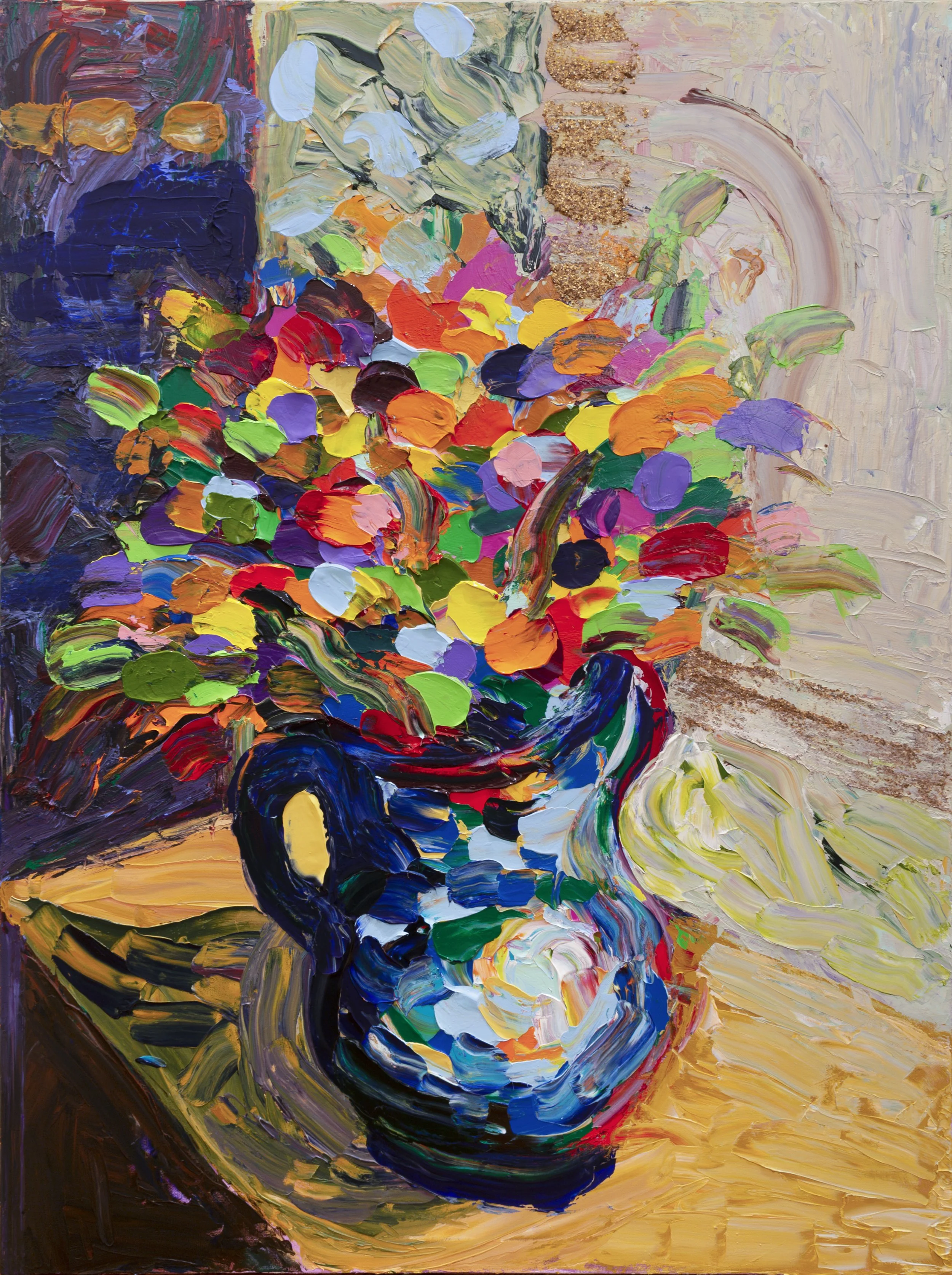 "LEGO Flowers I" (2021). Medium: Acrylic (paint) on canvas. Dimensions: 48 x 36 inches.