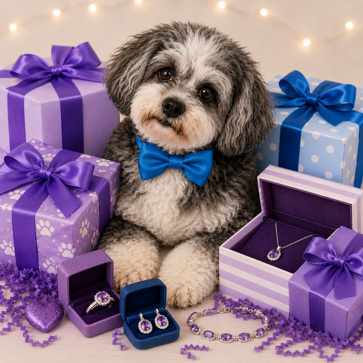 A cute curly-haired dog wearing a blue bow tie surrounded by purple and blue gift boxes, jewelry boxes with purple and silver jewelry, and purple decorative elements in a festive setting.