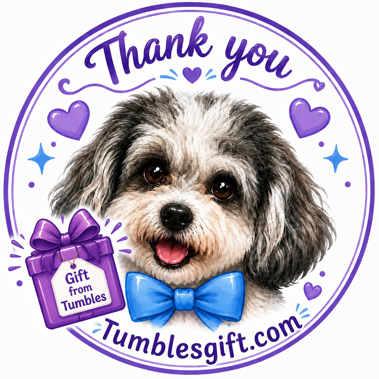 Cute dog with a blue bow tie and a gift tag saying 'Gift from Tumbles' surrounded by purple hearts and stars, with 'Thank you' and 'tumblesgift.com' text.