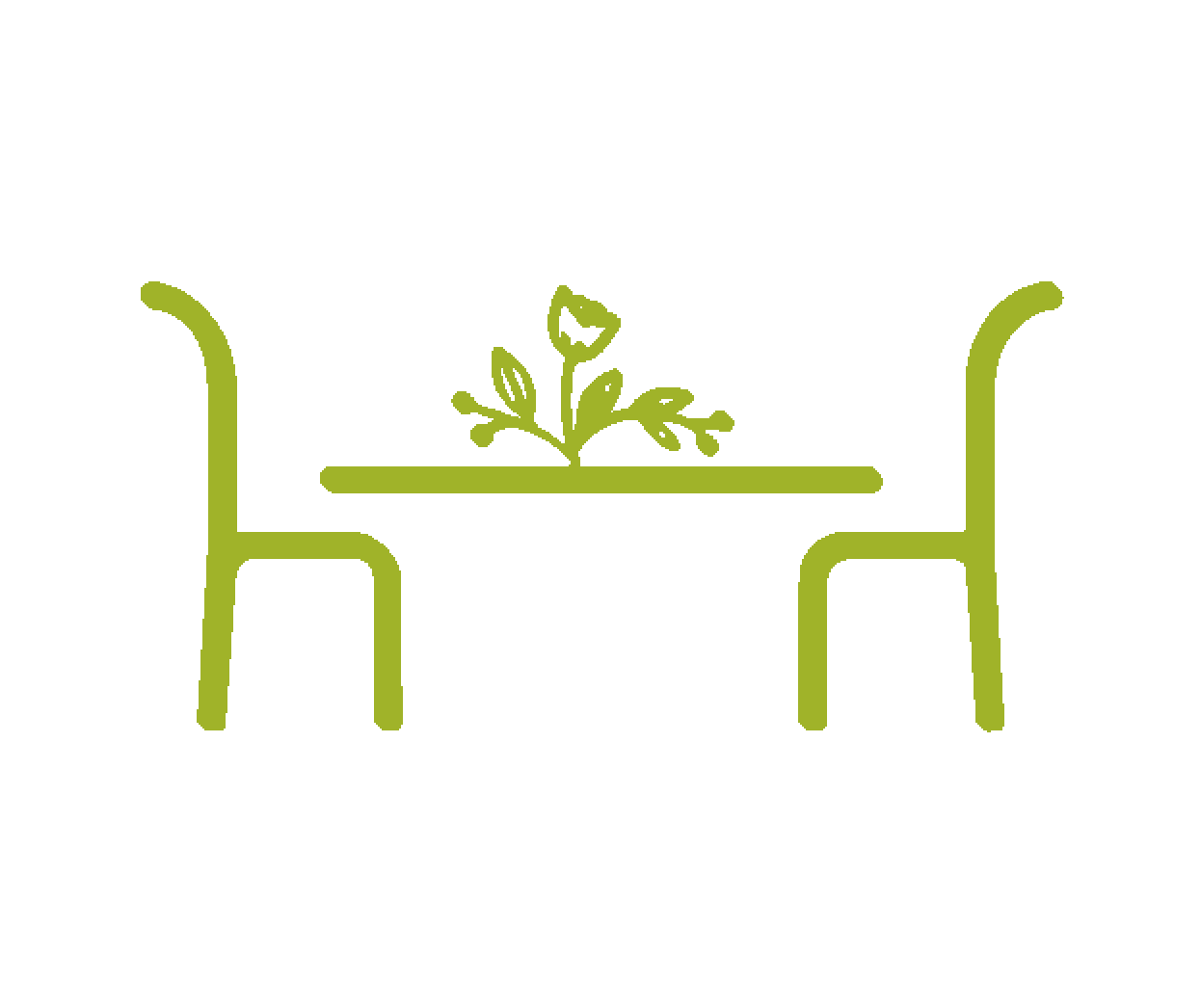 Outline drawing of a dining table with two chairs, decorated with a small potted plant in the center.