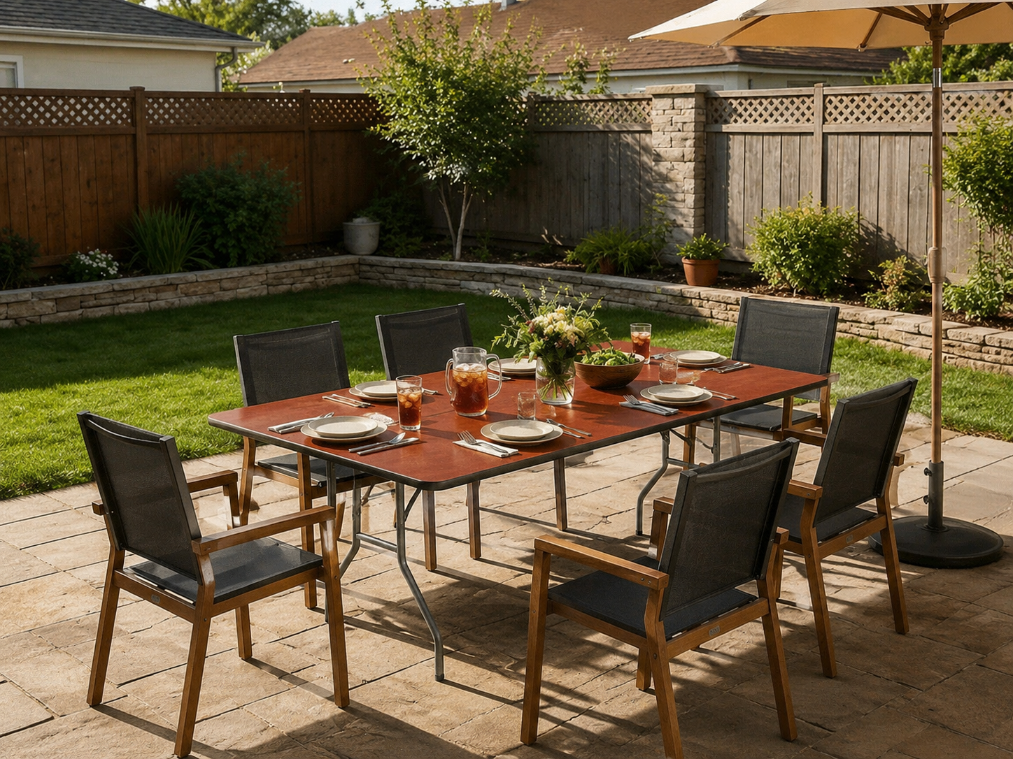 Outdoor patio dining table set for six, with plates, glasses of iced tea, a pitcher of iced tea, a salad bowl, and a floral centerpiece, under a large patio umbrella, in a backyard with green lawn and garden beds.