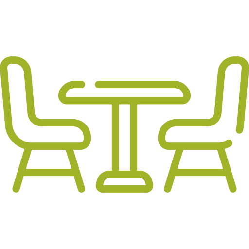 Outline of a table with two chairs, drawn in green lines.