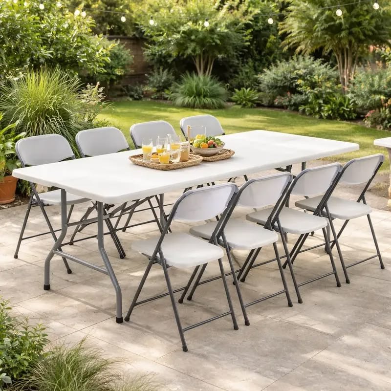 Outdoor dining table with eight chairs, set in a garden with lush greenery and string lights overhead. The table holds breakfast items including juice, glasses, and a fruit bowl.