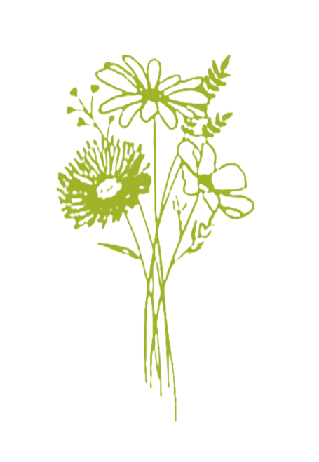 Line drawing of a bouquet of wildflowers on a black background.