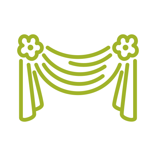 Illustration of a decorative curtain with floral accents and drapes.